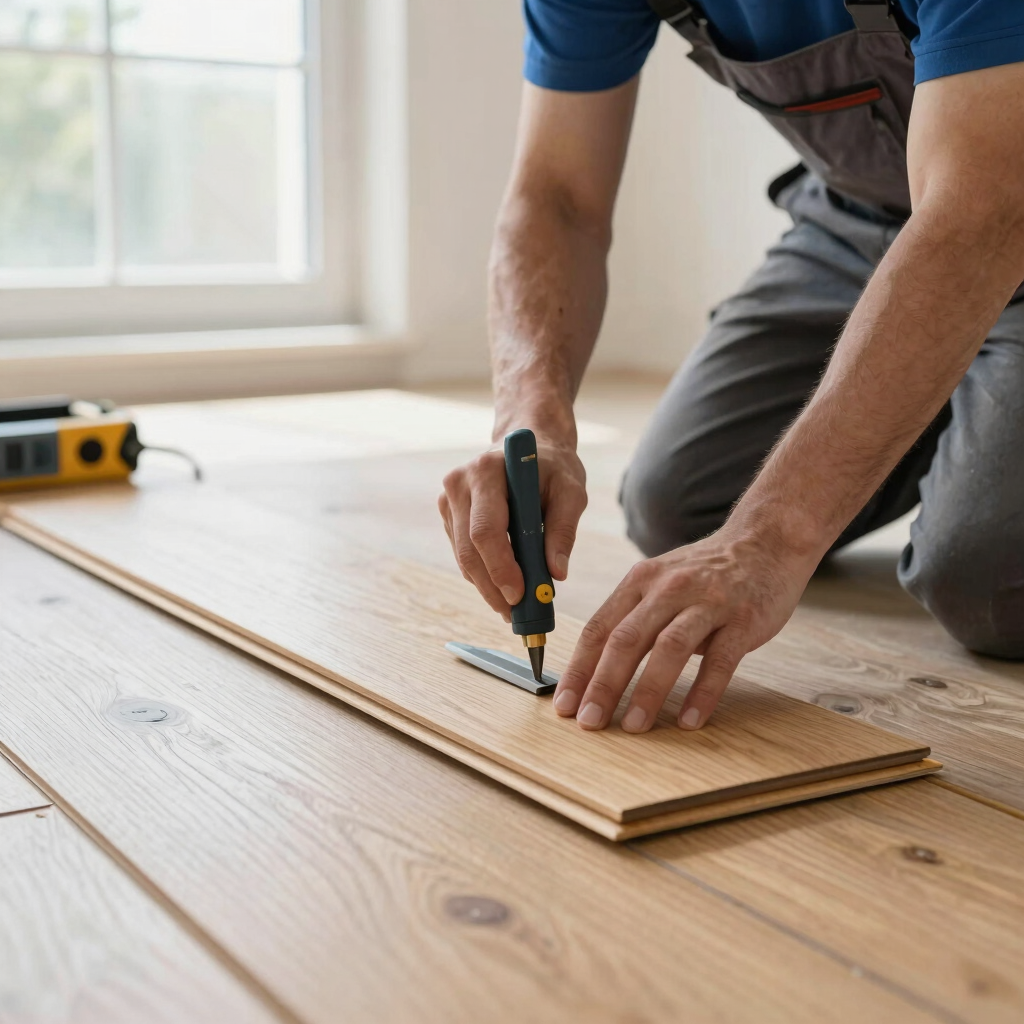 Close up of a professional contractor laying down clean oak flooring planks with precision tools under bright natural window light