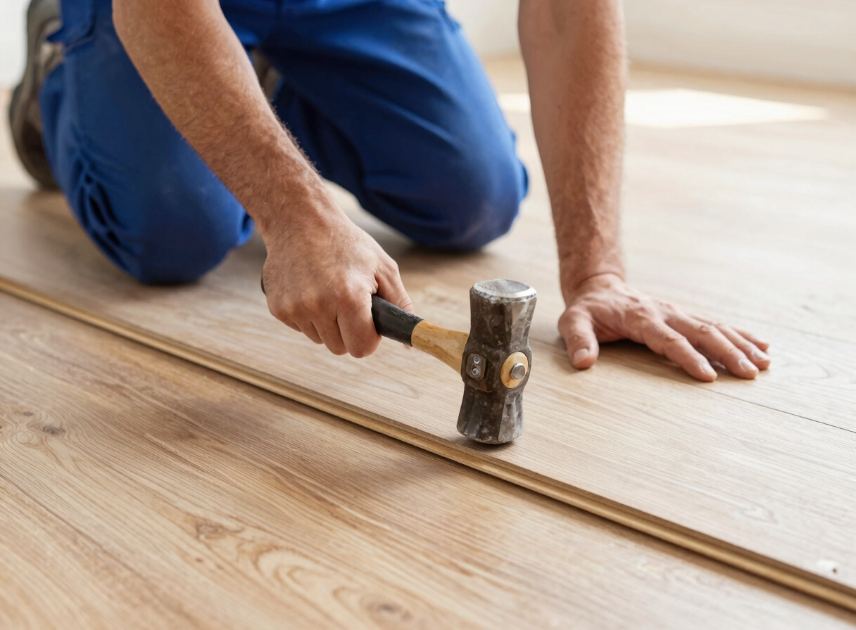 Close-up of contractor hands laying clean oak hardwood floor boards with a mallet, bright natural work light, sharp focus