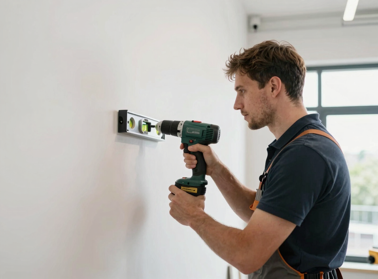 A professional handyman using a level and drill to mount structural hardware precisely on a clean wall