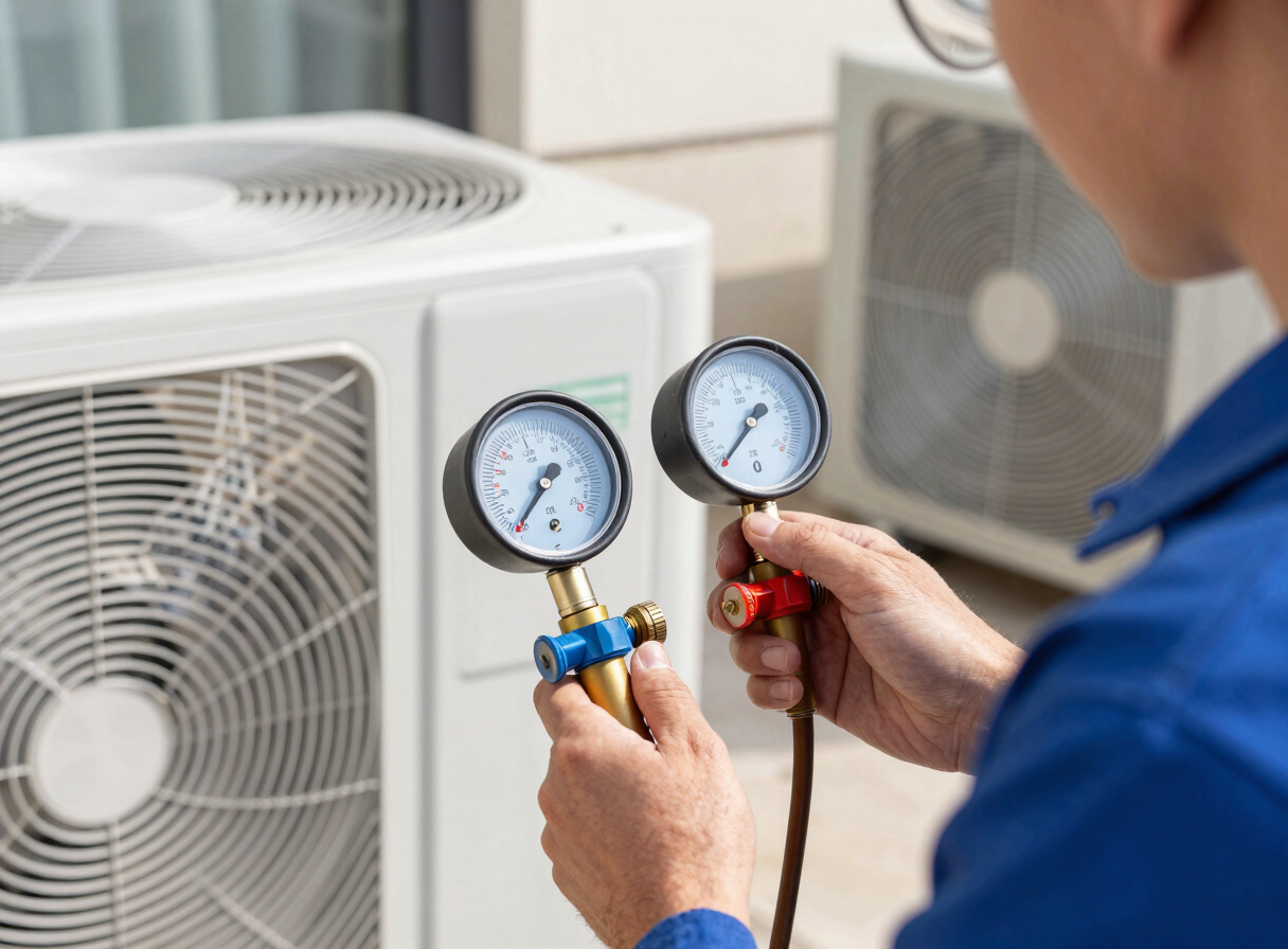 Close-up of a licensed technician testing a modern residential HVAC unit with digital manifold gauges, crisp daylight