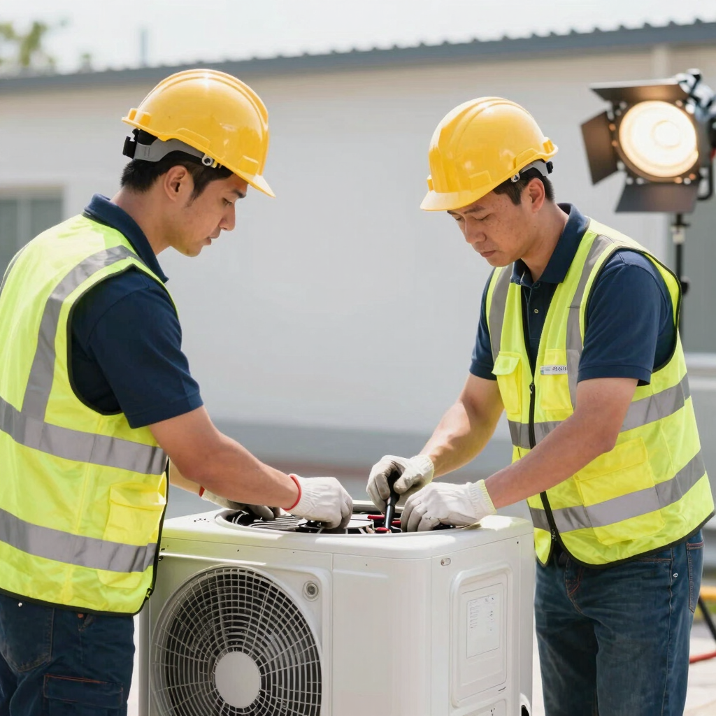 A professional close-up shot of two contractors in safety gear actively repairing a commercial HVAC unit, bright natural work light, sharp focus, 35mm